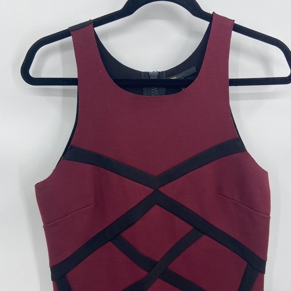 MAJE Destinee Burgundy Black Geometric Bodycon Sleeveless Mini Dress Size 3 - Picture 5 of 11